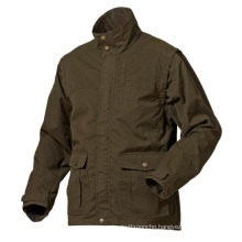 Windproof canvas fabric outdoor men hunting jacket with stand up collar